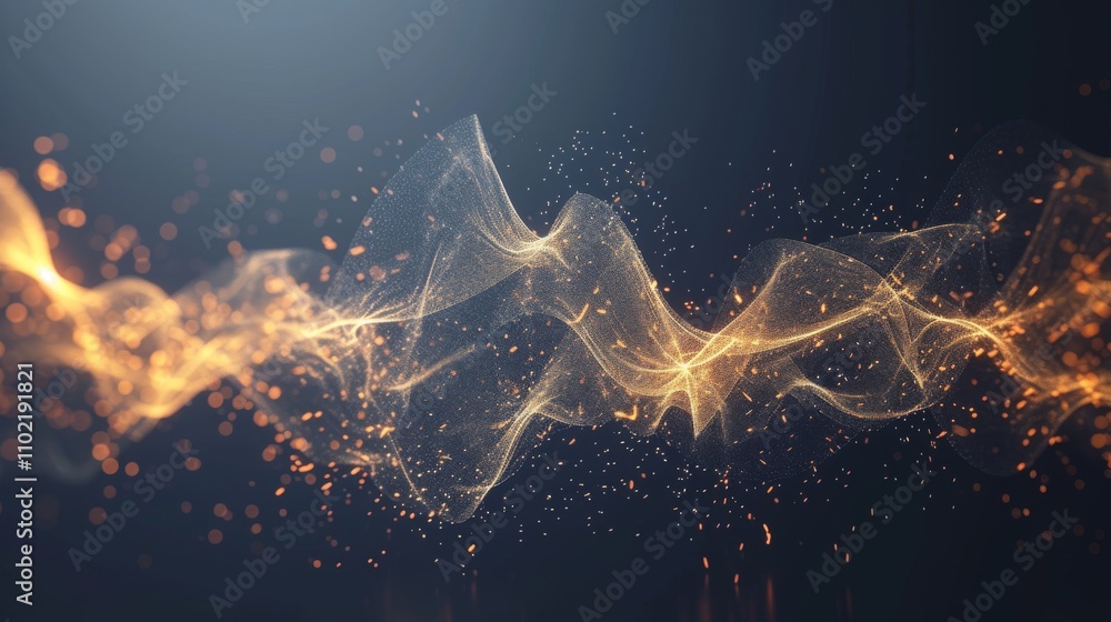 Poster a dark, moody abstract image featuring golden light waves intertwined with glowing particles. the co