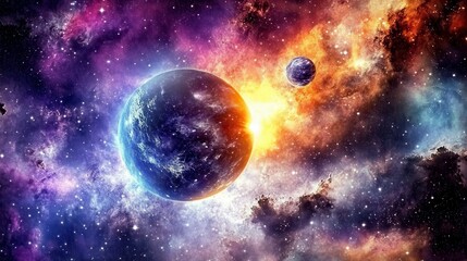Naklejka premium Cosmic Scene with Asteroid and Nebula Background