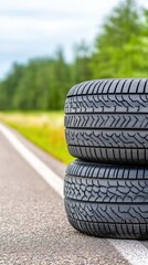 Capturing the essence of performance tires by the roadside surrounded by nature