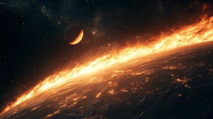 Fototapeta premium Fiery Planet Surface Burning Brightly In Space