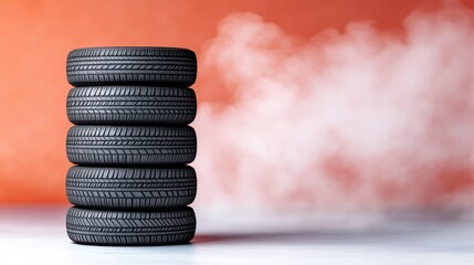 Dynamic display of stacked tires surrounded by smoke for a high-speed automotive concept