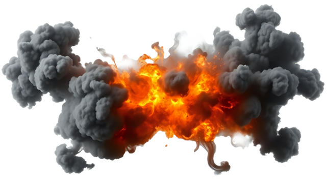 Large explosion fire and smoke effect transparent image. Ai generated