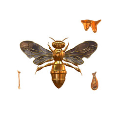 Golden Bee with drops of honey. Mix 3d and 2d painting. Free-hand digital.