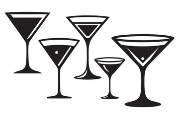 Martini glass silhouette set. Glass on a leg filled with a drink.
