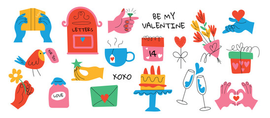 Valentine's Day set with hands and other elements on a white background. Different romantic objects. Valentine's day, wedding and love concept. Vector illustrations.