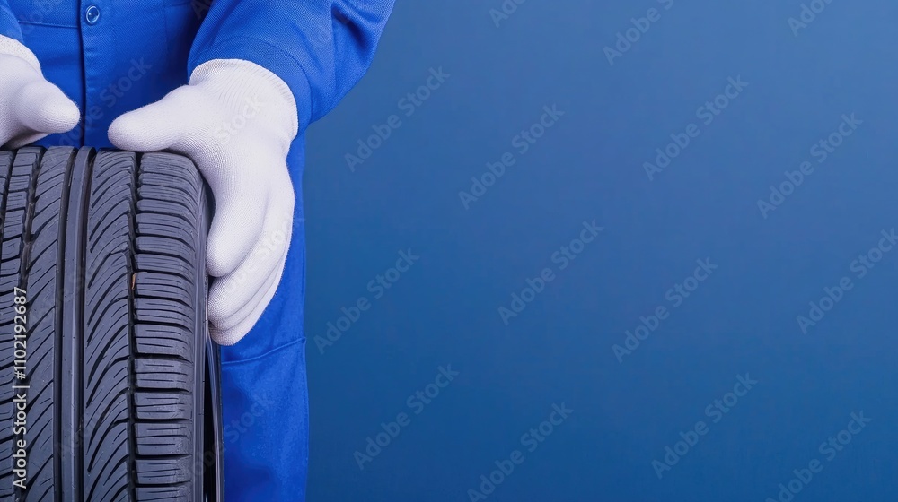Poster close-up shot of a mechanic's hands expertly handling a tire in a blue uniform against a dark backdr