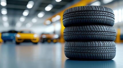 Stack of new tires and colorful cars in a modern garage showcasing automotive care and maintenance