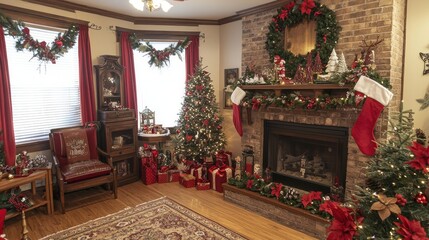 Fototapeta premium A festive corner display showcasing a Christmas garland alongside holiday decorations, creating a cozy scene.