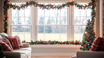 A festive living room window featuring a Christmas garland with red and green decorations, enhancing the holiday spirit.