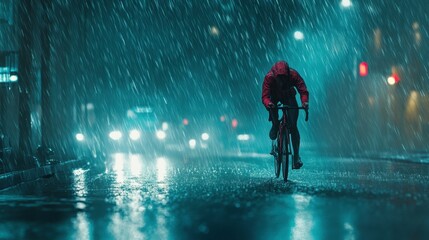 Obraz premium Cyclist Navigating Rainy Urban Streets