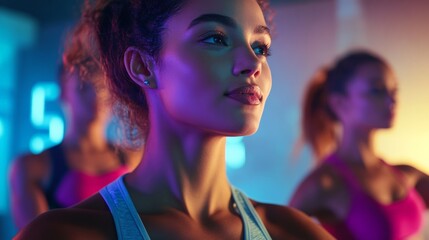Naklejka premium Focused fitness woman with colorful lights in the background, showcasing determination and strength during a workout session.