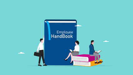 employee handbook, procedure book or company rules, company introduction guidebook for new employees, business manual to success, male and female employees read and understand the employee handbook