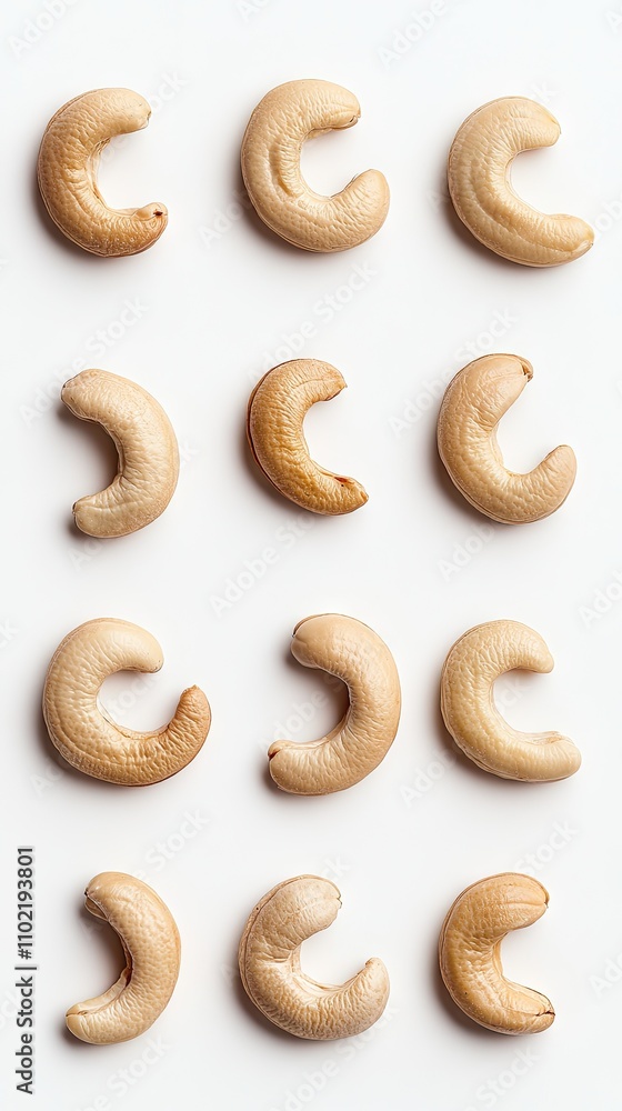Poster cashew nuts arranged artfully on a clean white surface creating a delightful visual of texture and f