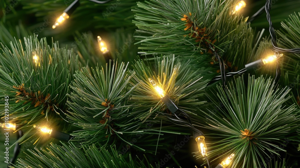 Poster close-up view of evergreen branches with warm lights creating a festive new year's eve atmosphere in