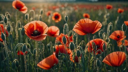 Fototapeta premium Vibrant poppy flowers in a field during golden hour