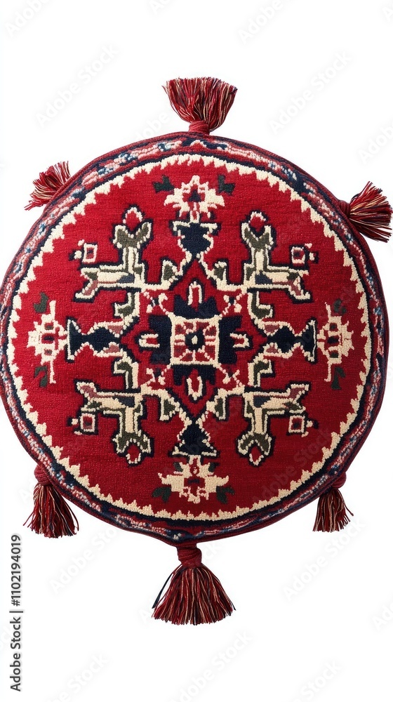 Poster boho-patterned round rug capturing intricate details and vibrant colors on a soft, neutral backgroun