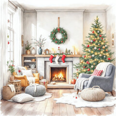 Watercolor Illustration of Christmas Themed Living Room
