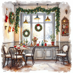 Watercolor Illustration of Christmas Themed Cozy Cafe with XMAS Tree