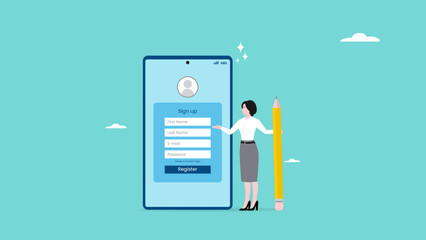 online registration illustration with the concept of businesswoman fills registration table while carrying big pencil, business register illustration, apply new job or membership, register new account
