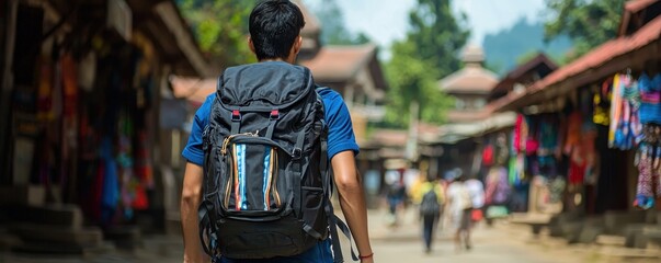 Man with Backpack Walking Through Vibrant Market Street Scene