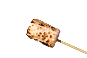 On a white background there is a toasted marshmallow on a stick.