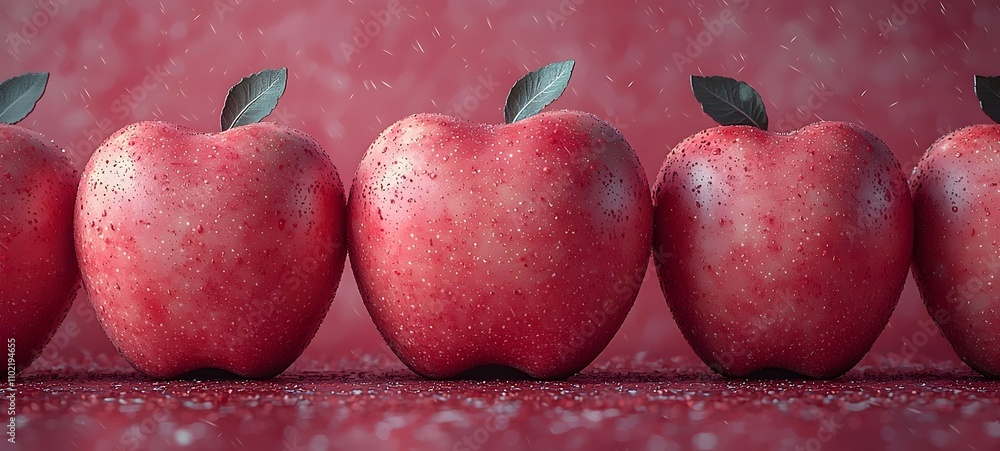 Poster a close-up view of five shiny red apples with green leaves, arranged neatly in a row against a glimm