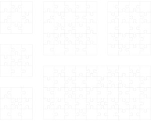 Illustration of six white puzzles, separate parts		
