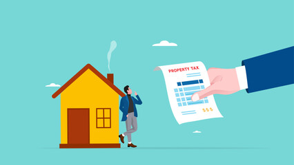 property tax, business tax in the property sector, real estate or property tax appraisal, businessman standing with his property receiving a piece of tax bill paper