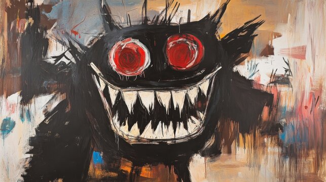 black monster with red eyes and sharp teeth , unique graffiti oil painting artful illustration with grungy texture, expressive funky graffiti 