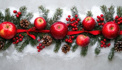 Red Apples and Evergreen Branches Decorated with Red Berries and Pinecones in the Snow