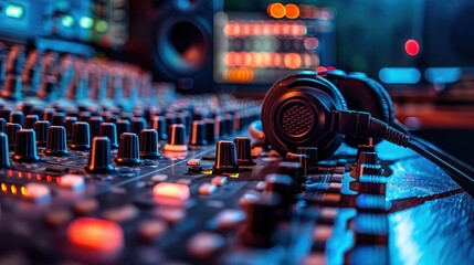 Studio headphones on mixing console.