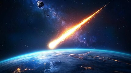 Obraz premium Fiery Meteorite Approaches Earth Amidst Starry Cosmos