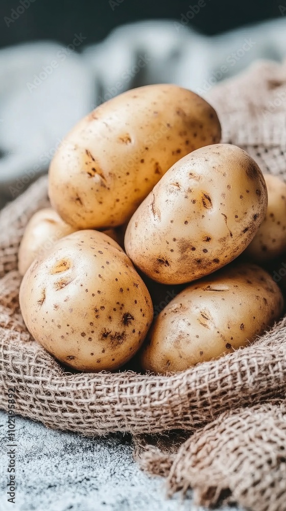 Poster natural texture of fresh potatoes piled together on a rustic burlap background in high-resolution de