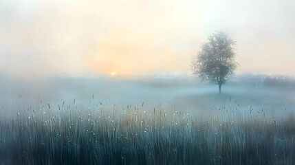 Fototapeta premium Serene Morning Mist: A Tranquil Meadow Awakening with Dewdrops and Hazy Dawn Light
