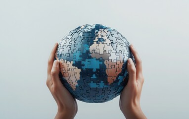 a 3D globe designed as a puzzle with missing pieces being placed by human hands