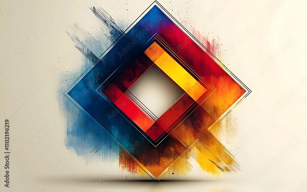 Poster a captivating abstract design featuring overlapping geometric shapes in vibrant hues of blue, orange
