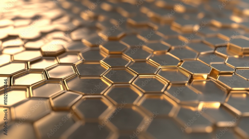 Aufkleber a 3d hexagonal honeycomb pattern in metallic gold, with depth and light reflections