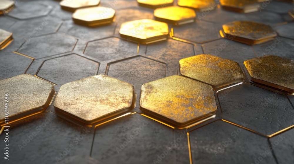 Aufkleber a 3d hexagonal honeycomb pattern in metallic gold, with depth and light reflections