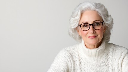 Senior woman exudes warmth and charm while smiling on a comfy sofa in a cozy atmosphere