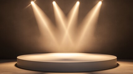 Round podium with warm spotlight for product presentation. Concept of Minimal, Exhibition