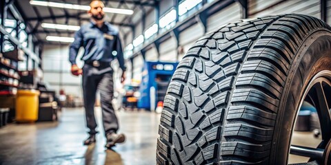 Close-up of a Tire in a Garage with a Blurred Man in the Background, Tire, Garage, Mechanics, Automotive, ,tire tread
