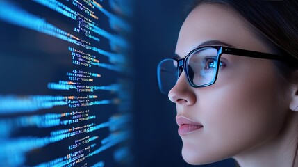 Focused female programmer analyzes abstract code and graphs on a digital screen in a modern workspace