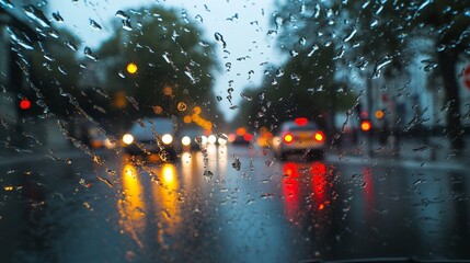 Fototapeta premium Raindrops on a windshield create a blurry view of city streets at night. Soft lights reflect off the wet pavement in vibrant colors.