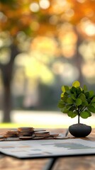 Innovative growth strategies represented by coins and a thriving tree in a blurred outdoor setting