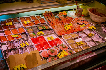 Aomori Gyosai Center fish market, Sashimi seafood, Aomori Nokke don with salmon, akami, chutoro, otoro, octopus, sweet shrimp or uni. local japanese food. freshness meal, travel destination.