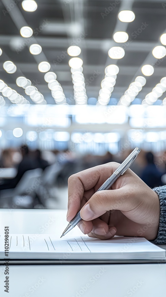 Aufkleber close-up of handwriting in a notebook while a business professional takes notes in a modern workspac