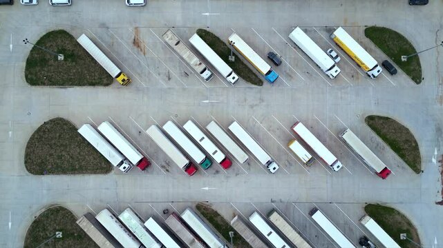 Drone shot of truck parking in Europe seen from above. Aerial footage of rows of vehicles parked for rest at a service station. Neatly placed trucks arranged at a truck stop seen from a helicopter.
