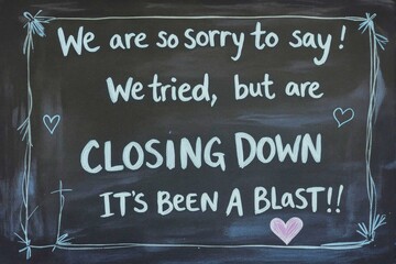 Chalkboard message announcing a business closure, expressing gratitude and farewell.