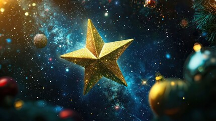 A whimsical illustration of a Christmas star traveling through space, surrounded by other celestial objects.