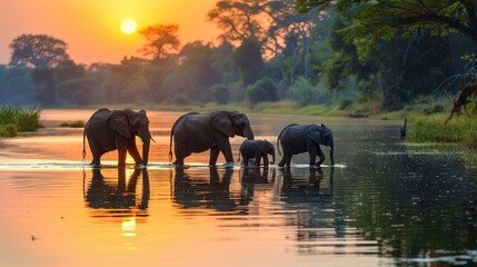 Fototapeta premium Elephants crossing a river at sunset in a tranquil natural setting
